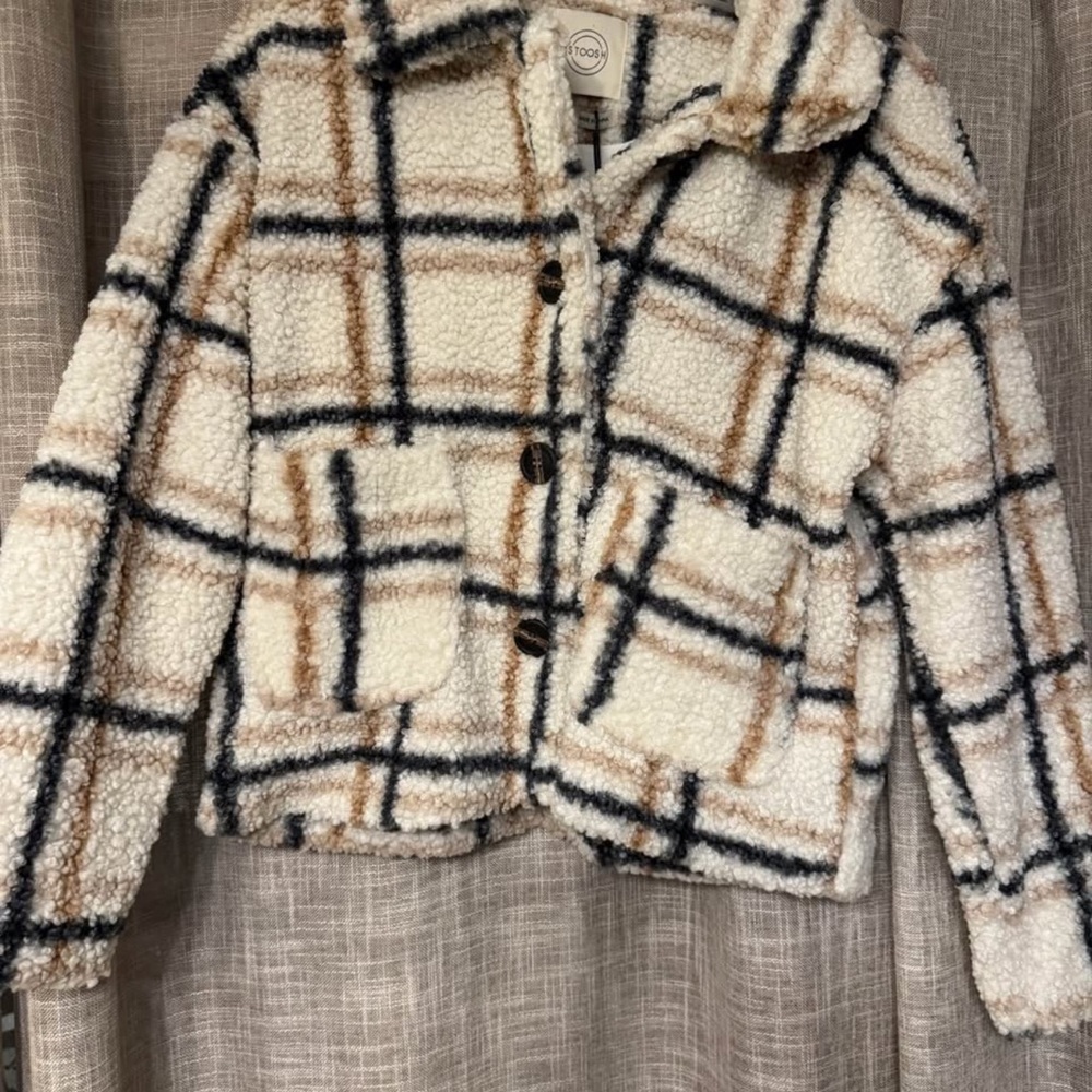 Cream Plaid Sherpa Jacket with Black & Brown Windowpane
